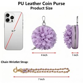Small PU Leather Round Coin Purse with Flower Design for Women Change Purse for Girls Zipper Coin Pouch Wallet with Key Chain & Wristlet