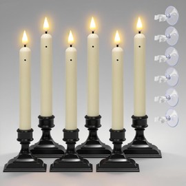 GenSwin Window Candles with Sensor Dusk to Dawn, Christmas Window Lights Battery Operated candlesticks with 3D Flame, LED Taper Candles with Black Holder and Suction Cup for Home Decorations(Ivory)