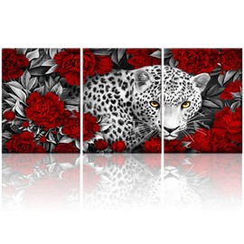 Kalormore 3 Pieces Wildlife Animal Canvas Wall Art Black and White Burgundy Red Leopard with Yellow Eyes in Blossom Poeny Flowers Painting Picture Framed and Stretched Artwork for Modern Living Room