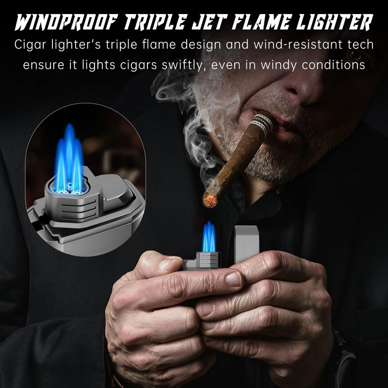 LIHTUN Multi-Function Cigar Torch Lighter - Built-in Cigar Holder &