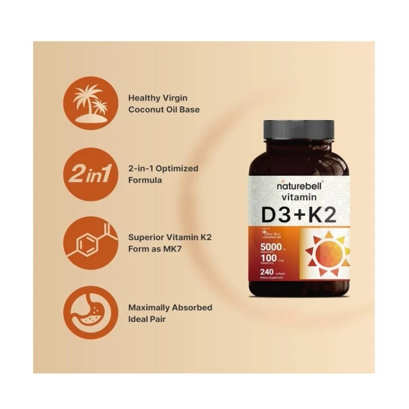 NatureBell Vitamin D3 5000 IU, Vitamin K2 MK-7, 2 PACK,