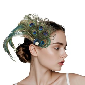 Poememgi Peacock Feather Hair Clip, 1920‘s Cocktail Tea Party Photography Headpiece for Women Gatsby Hair Accessories