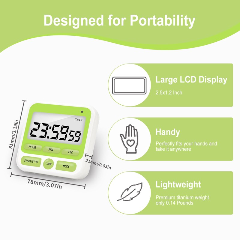 Fyueenix Multifunctional Kitchen Timer with Silent/Alert Mode, 24-Hour Clock, Memory