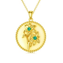 Birth Flower Necklace Daisy Lily Lotus Carnation Month Flower Floral Round Disc Coin Pendant Necklace with Synthetic Birthstone Graduation Birthday Gift for Women