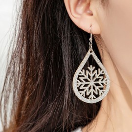 Christmas Santa Claus Faux Leather Earrings for Women Funny Layered Chic Sequin Red Hat White Beard PU Leather Lightweight Big Dangle Drop Earrings for Xmas Party Holiday Jewelry Gifts (Teardrop snowflake earrings)