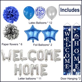Baby Shower Decorations Boy Blue - 32 Pcs Welcome Home Decorations Including Silver Welcome Home Letter Balloons Pompoms Door Curtain for House Party Graduation Baby Boys Gender Reveal Decorations
