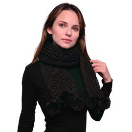 Basic Sense Chunky Knit Scarf Winter with Pom Pom Accents, Black