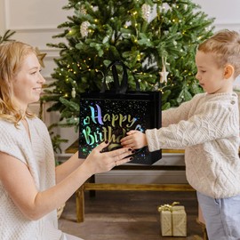 huichuan Large Birthday Gift Bags for Men, 12 Pack Black Gift Bags with Gold Shiny Stars, Ideal for Birthdays & Parties - 12.6 x 4.7 x 11 In