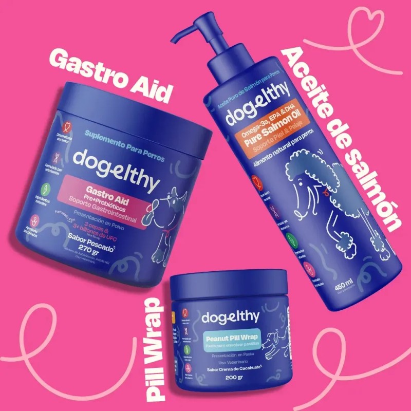 Dogelthy Happy Belly Kit Gastro Aid, Aceite Salmón, Pillwrap