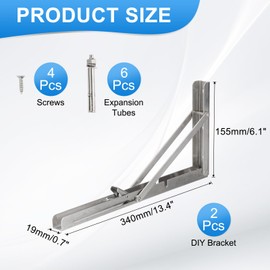 PATIKIL Folding Wall Shelf Brackets 13", 2 Pack Heavy Duty Stainless Steel Collapsible Wall Mounted Shelf Bracket Max Load 220lb Space Saving for Table, Silver