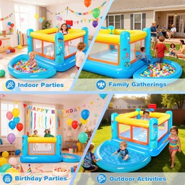 AKEYDIY Bounce House for Kids 3-6, Indoor/Outdoor Inflatable Bouncy Castle with Removable Ball Pit, Hopscotch Game, Basketball Hoop & Air Blower Included