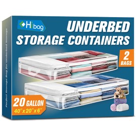 HIBAG 20 Gallon Under Bed Storage Containers, Underbed Clothing Storage Bins, Clear Plastic Organizer with Reinforced Handles, for Clothes Comforters Blankets Towels Pillows Bedding (2 Pack)