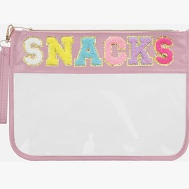 Snack Bag Clear Chenille Varsity Letter Zipper Pouch for Travel - Color: pink