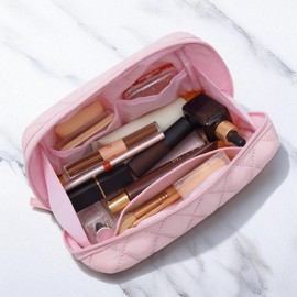 TOPEAST Makeup Bag for Women Girl, Travel Cosmetic Bag Organizer, Portable Toiletry Bag Pouch Waterproof Make Up Bags Puffy Padded Open Flat Makeup Bag Small for Purse, Pink