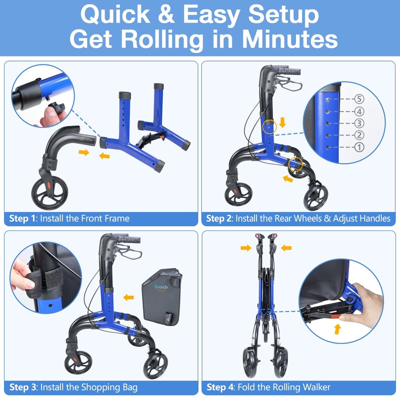 Soaids 3 Wheel Walkers for Seniors, Lightweight Foldable Rolling Rollator