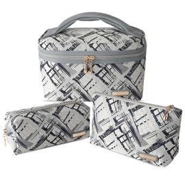 Richeart 3PC Makeup Bag Set, Cationic Jacquard Large Cosmetic Organizer, Back-Coated Solvent-Free Travel Toiletry Bag for Women - Gray