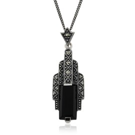 Gemondo Art Nouveau Style 925 Sterling Silver Black Onyx Cabochon & Marcasite Necklace