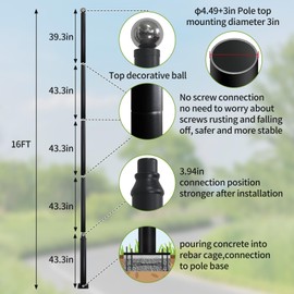 Street Light Pole 16 Ft Tall - Outdoor Adjustable Heavy Duty Metal Street Lamp Post, Solar Street Lamp Post for Outdoor Lights, Sub-Assembly of Street Light Poles for Porch, Park, Pathway, Street.