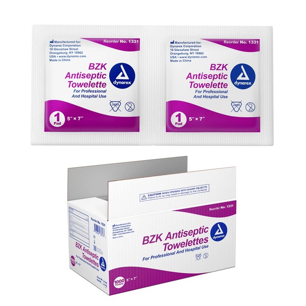Dynarex BZK Antiseptic Towelettes - 5"x7" - With Benzalkonium Chloride Formula, Hand Sanitizing Wipes or First Aid Wound Wipes, 1 Case of 1000