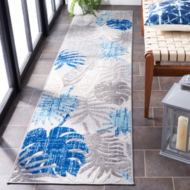 SAFAVIEH Cabana Collection Runner Rug - 2' x 8', Grey & Blue, Botanical Design, Non-Shedding & Easy Care, Indoor/Outdoor & Washable-Ideal for Patio, Backyard, Mudroom (CBN831F)