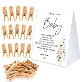 Don't Say Baby Game For Baby Shower Clothespin Game, One 5x7 Coated Paper Sign And 50 Natural Clothespins, Minimal Style, Gender Neutral -NDSBB39