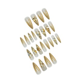 Diamond Press on Nails Gold Glitter Fake Nails French Tip False Nail with Design Rhinestone Glue on Nails Glossy Full Cover Artificial Acrylic Long Stiletto Stick on Nail for Women Manicure 24Pcs
