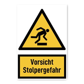 Sticker: 300 x 200 mm, Pack of 1 - Vorsicht Stolpergefahr - Warning Sign with Text (German) (Yellow/Black) - Vertical - W007 - DIN EN ISO 7010 / ASR A1.3