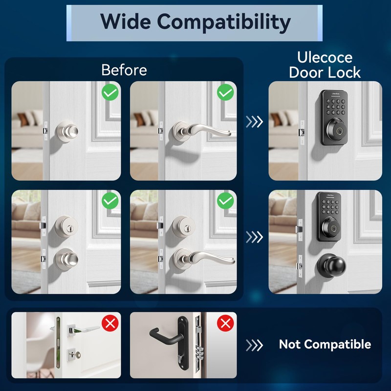 Ulecoce Keyless Entry Door Lock Built-in WiFi with Handle Set,