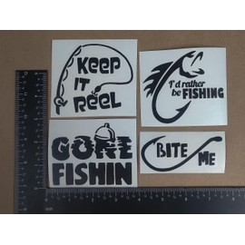 Fishing Decals 4 Pack: Keep It Reel, Gone Fishing, I'd Rather Be Fishing, Bite Me (Black, Small ~3.5")