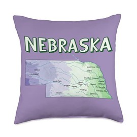 Physical Map of Nebraska major cities, lakes, rivers, USA Throw Pillow