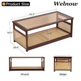 Welnow Rattan Coffee Tables for Living Room, Modern 2-Tier Coffee Table, Mid Century Rectangle Coffee Table with Storage Shelf & Glass Top, Large Boho Center Table for Apartment, Walnut