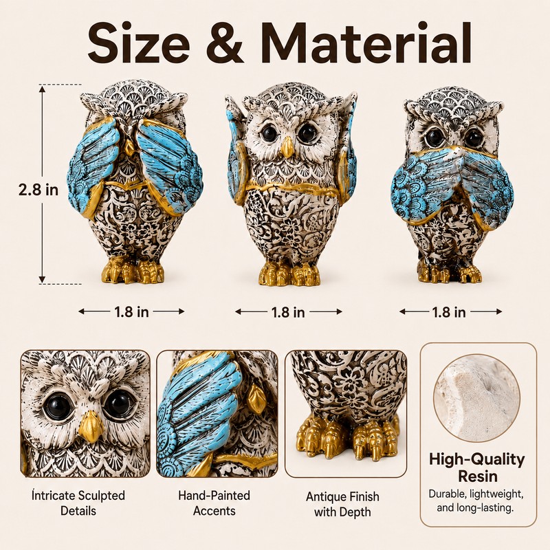 3-Piece Resin Owl Figurine Set – See Hear Speak No