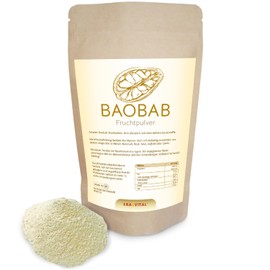 Baobab Fruchtpulver schonend gemahlen ohne Zusätze Rohkost naturbelassen Affenbrotbaum natürliches Vitamin C glutenfrei für Müsli Smoothie Joghurt Salatdressing oder Desserts