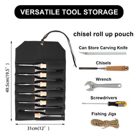 Chisel Roll,12 Pockets Roll Up Tool Pouch,Waxed Canvas Small Tool Roll Organizer and Wrench Roll Up Pouch,Store Chisel,Wrench,Pliers,Carving Knife,Best Gifts Bag for Carpenter (Black)