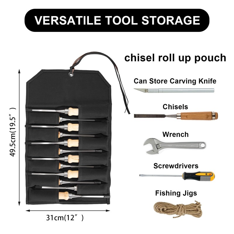 Chisel Roll,12 Pockets Roll Up Tool Pouch,Waxed Canvas Small Tool