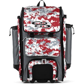Boombah Rolling Catchers Superpack Baseball/Softball Gear Bag - PS-9124-3000C23 Digital Camo Gray/Red- Telescopic Handle and Holds 4 Bats - Wheeled Version