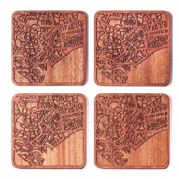 Singapore Map Coaster, Set of 4, Sapele Wooden Coaster with