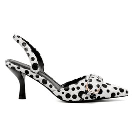 QIV White Kitten Heels Pointed Toe Polka Dot Slingback Heels for Women Closed Toe Pumps with Buckle Size 8