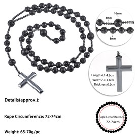 KYEYGWO Hematite Long Beaded Cross Necklace for Men Women, Catholic Rosary Necklace for Faith Prayer Protection, Lava rock