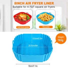 Boribim 2 PCS Square Silicone Air Fryer Liners - 8 Inch Reusable Air Fryer Pot - Air Fryer Accessories - Air Fryer Inserts for 4 to 7 QT Oven Microwave Accessories (Red + Blue)