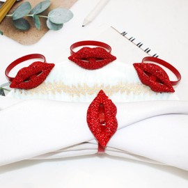 Red Lip Napkin Rings Set of 6 Rhinestone Napkin Holder Diamond Napkin Buckles for Wedding Bridal Shower Party Table Decoration