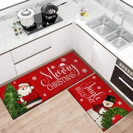 Xsinufn Merry Christmas Kitchen Rugs and Mats Set of 2,Red Snowman Wreath Santa Claus Tree Xmas Winter Holiday Sink Floor Mat Non Skid Washable for Home Farmhouse Christmas Decor 17"x47"+17"x30"
