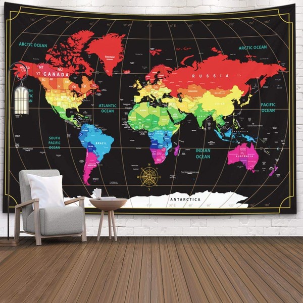 World Map Wall Tapestry,Capsceoll Wall Hanging Decor Wall Art Hanging Dorm World Map Large Wall Map Cool World Map Decorative Wall Art Travel Wall Decor 80X60 Inches,Black Red