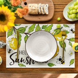 Artoid Mode Lemon Bee Leaves Hello Sunshine Summer Placemats Set of 4, 12x18 Inch Seasonal Spring Table Mats for Party Kitchen Dining Decoration