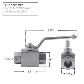 High Pressure Hydraulic Ball Valve KHB 1/2'' NPT, Shut-Off 2 Way Ball Valve, 1/2 Inch Hydraulic Valve 7250 PSI