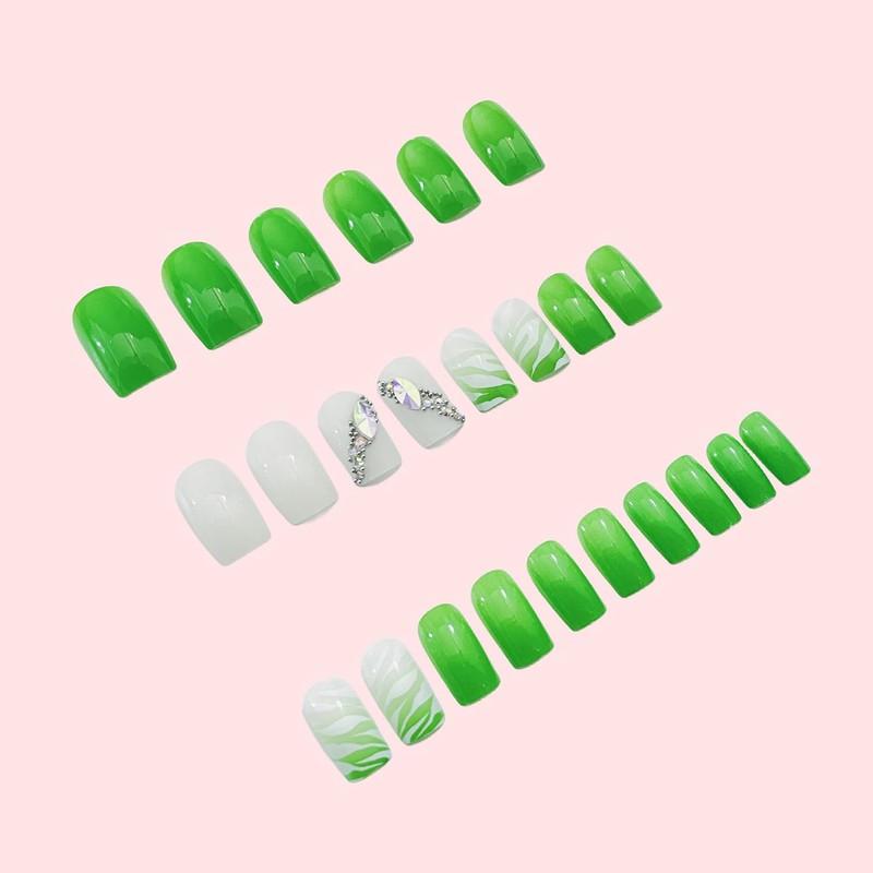 Green Press on Nail Short Square Artificial Acrylic Nails White