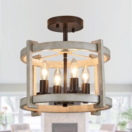 MEIXISUE 4-Lights Retro Semi Flush Mount Ceiling Light Fixtures,ORB+Oak White,Farmhouse Rustic Vintage Antique Ceiling Light Fixture for Hallway Kitchen Dining Room Bedroom UL Listed