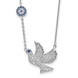 925 Sterling Silver Blue Cubic Zirconia CZ Dove Symbol Peace Love Holy Spirit Necklace 16 inch Chain