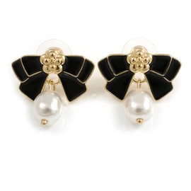 Black Enamel Bow White Faux Pearl Stud Earrings in Gold Tone - 20mm Across