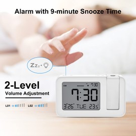 CHEREEKI Projection Alarm Clock, Digital Projector Clock Mains Powered Bedside with Big Digit Display, Indoor Temperature Display, Snooze, 4 Adjustable Brightness for Bedroom, Home (White)
